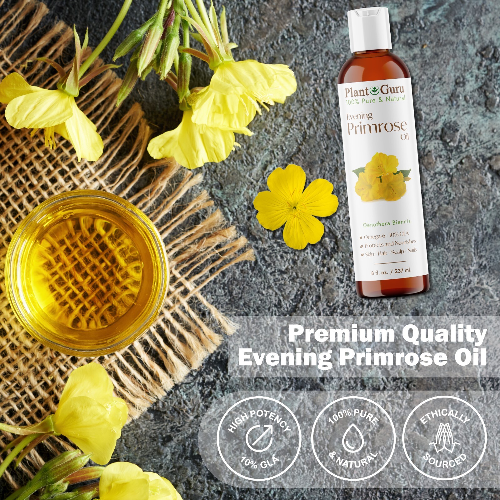 Evening Primrose Oil 2 oz. Cold Pressed Refined Carrier 100% Pure Natural