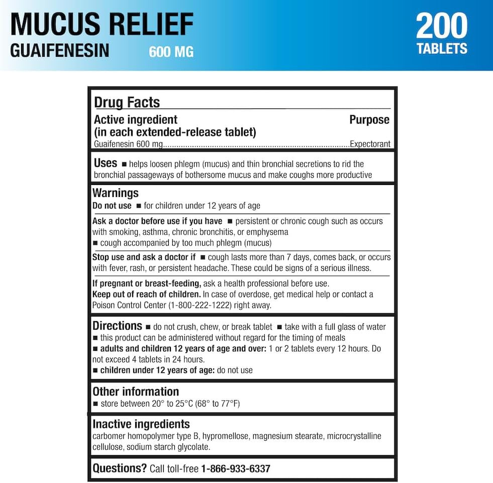 Puregen Labs Mucus Relief Expectorant 12 Hour Guaifenesin 600mg 200 Tablets