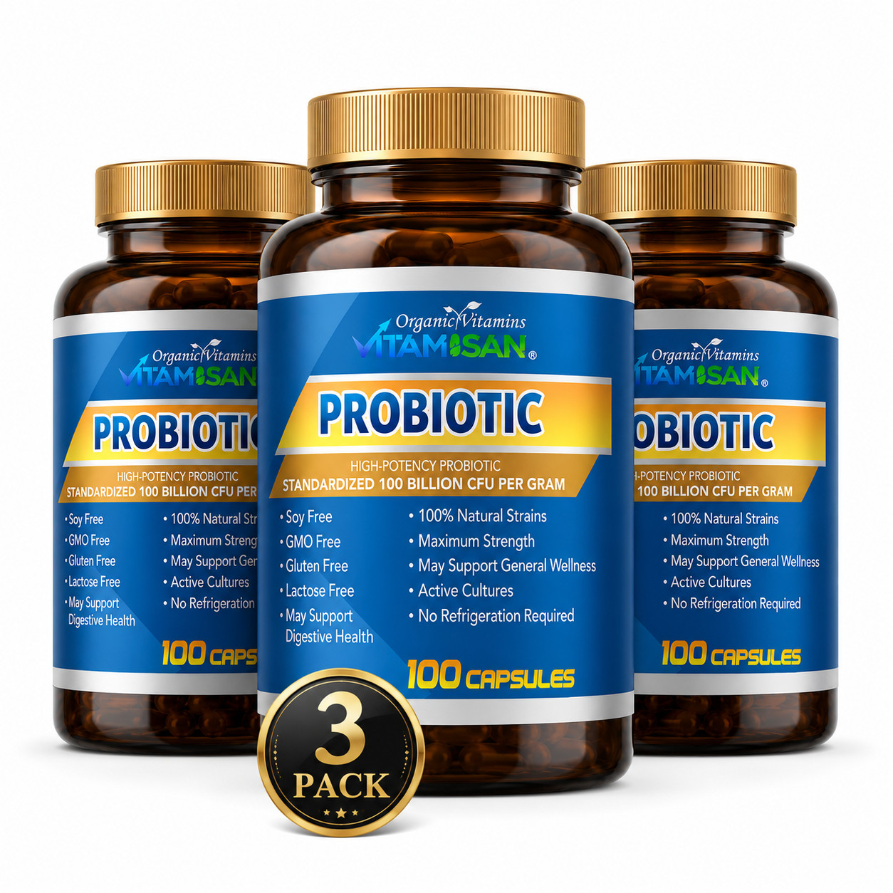 3 Bottles Probiotic 100 Billion CFU 100 Capsules Each Gut Health Wellness