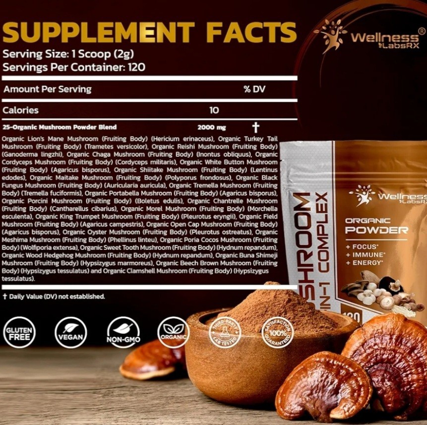 WELLNESS LABSRX Mushroom Powder, 25in1 Mushrooms Supplement -2000mg,120 Servings