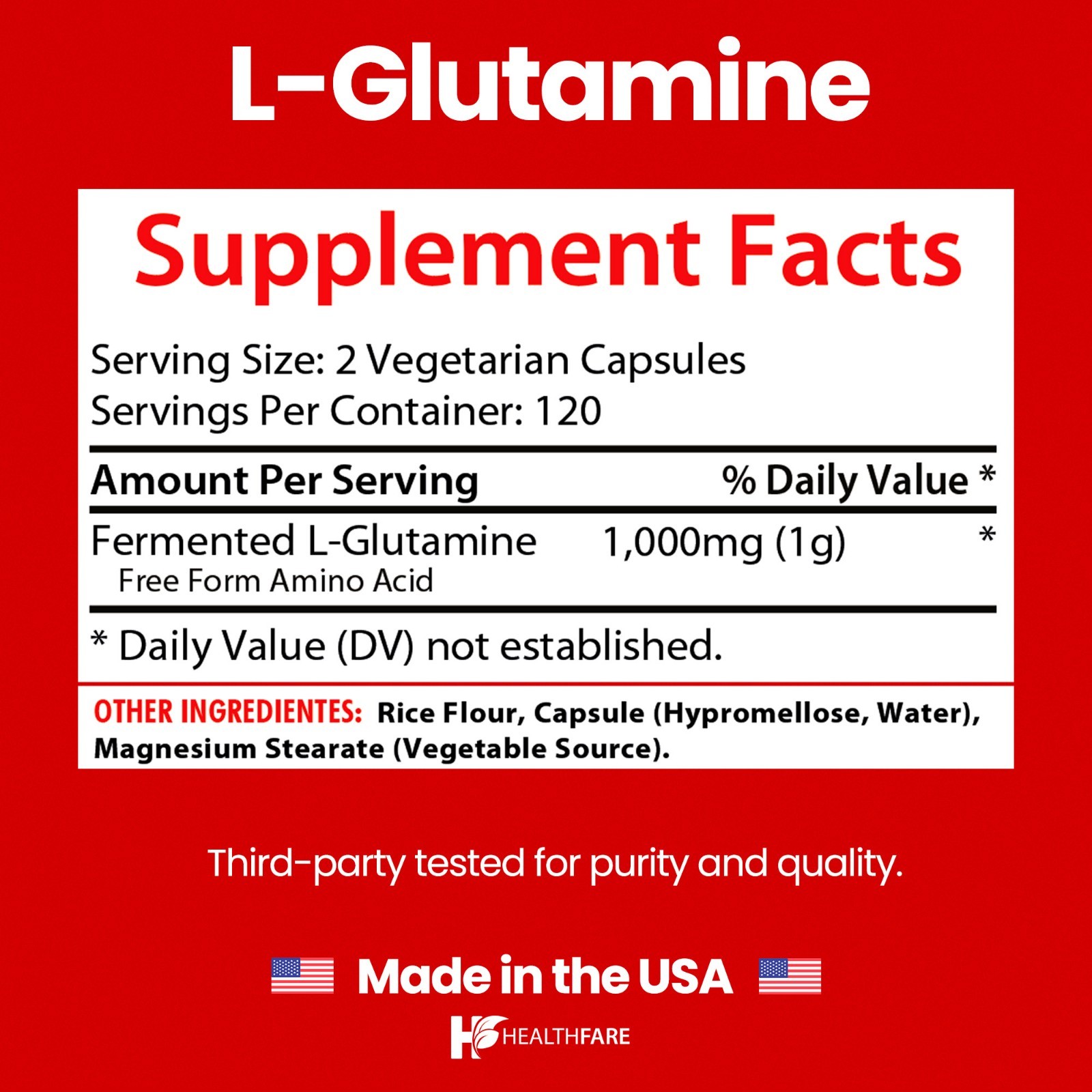 Healthfare L-Glutamine 1000mg | 240 Capsules | Amino Acid Fuel for Gut & Muscle