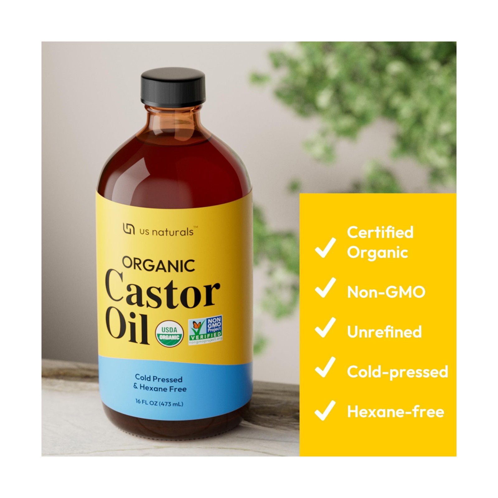 Us Naturals 16oz Organic Castor Oil – Glass Bottle – USDA Certi… F