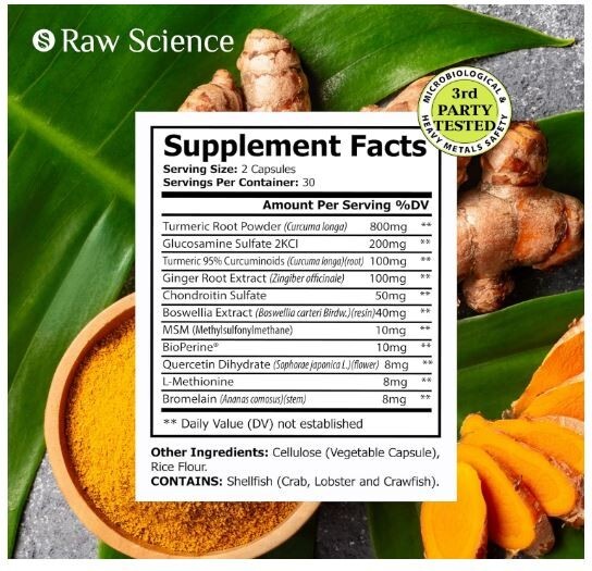 Raw Science Joint Support Glucosamine Turmeric Curcumin MSM 60Caps EXP 6/26