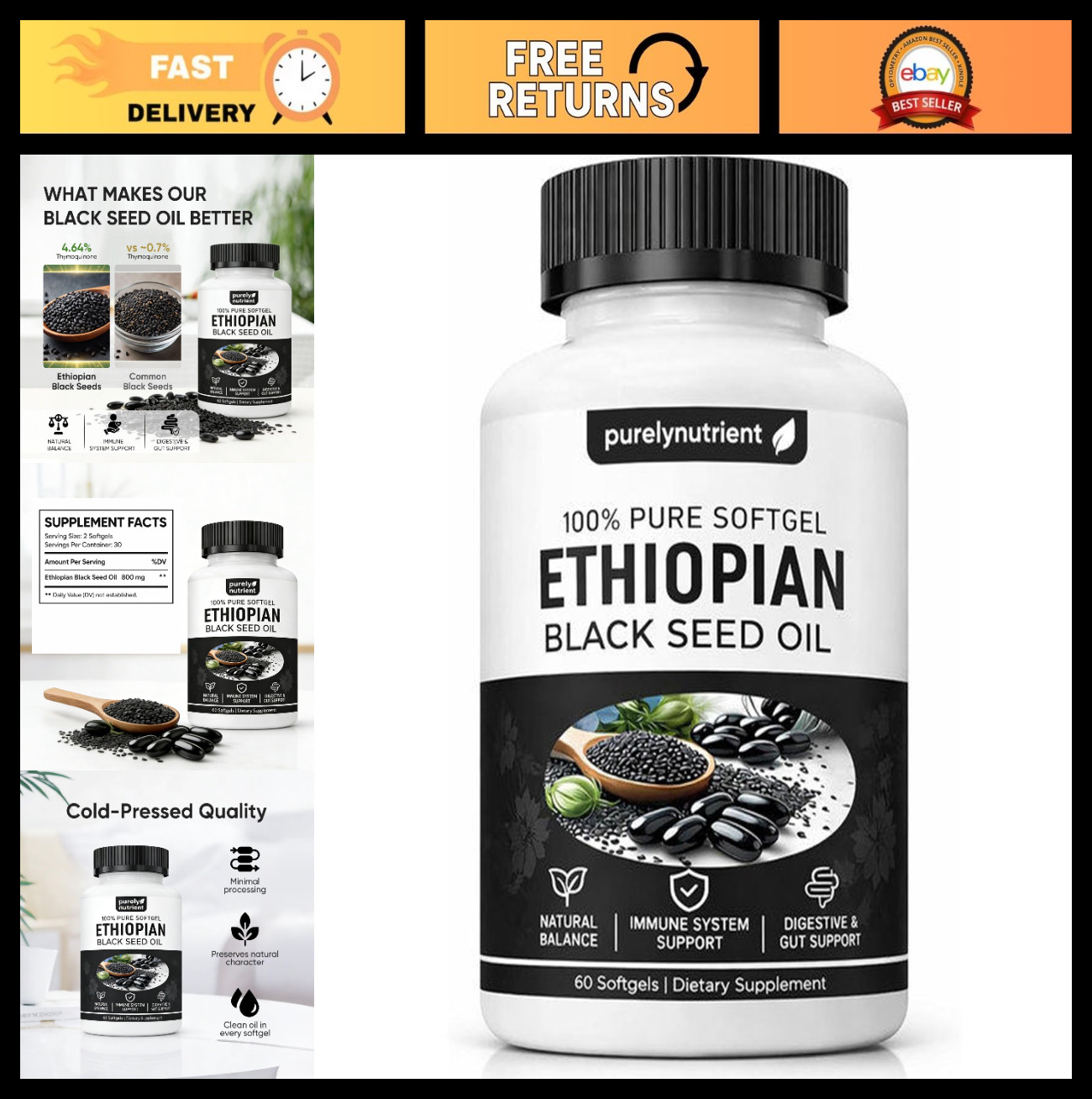 Organic Black Seed Oil Capsules – 4.64% Thymoquinone, Non-GMO, Gluten-Free, 60 S