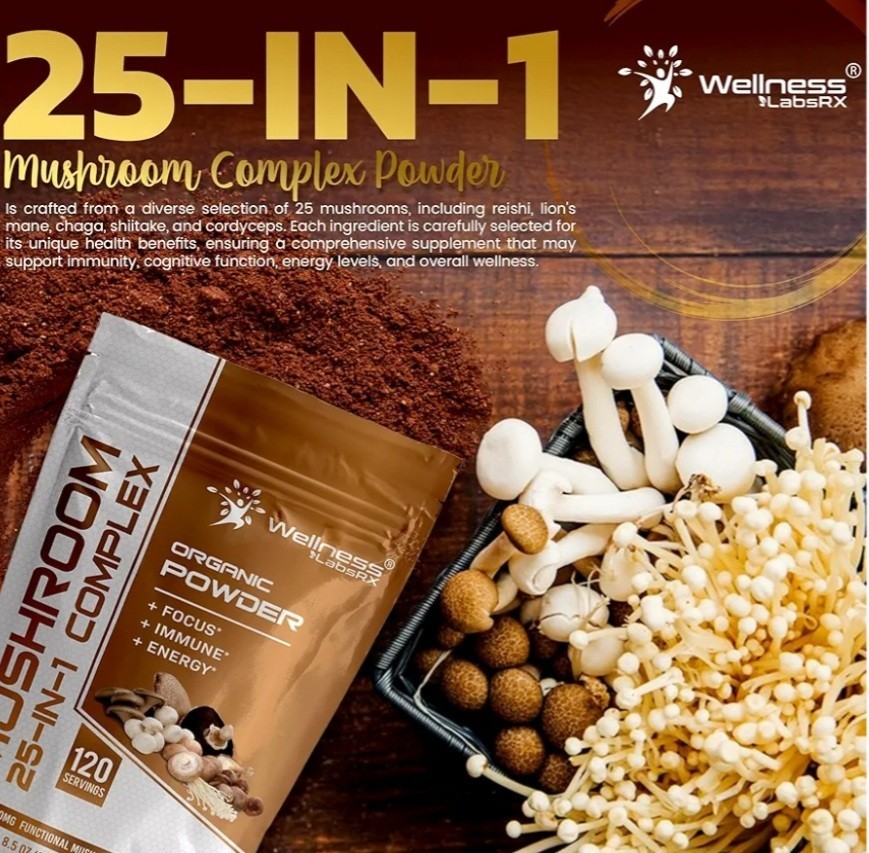 WELLNESS LABSRX Mushroom Powder, 25in1 Mushrooms Supplement -2000mg,120 Servings
