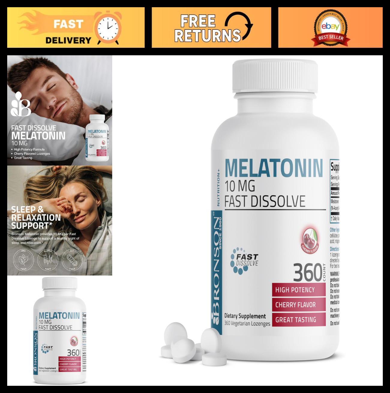 Melatonin 10mg Fast Dissolve Cherry Tablets – Vegetarian Chewable Lozenges, 360