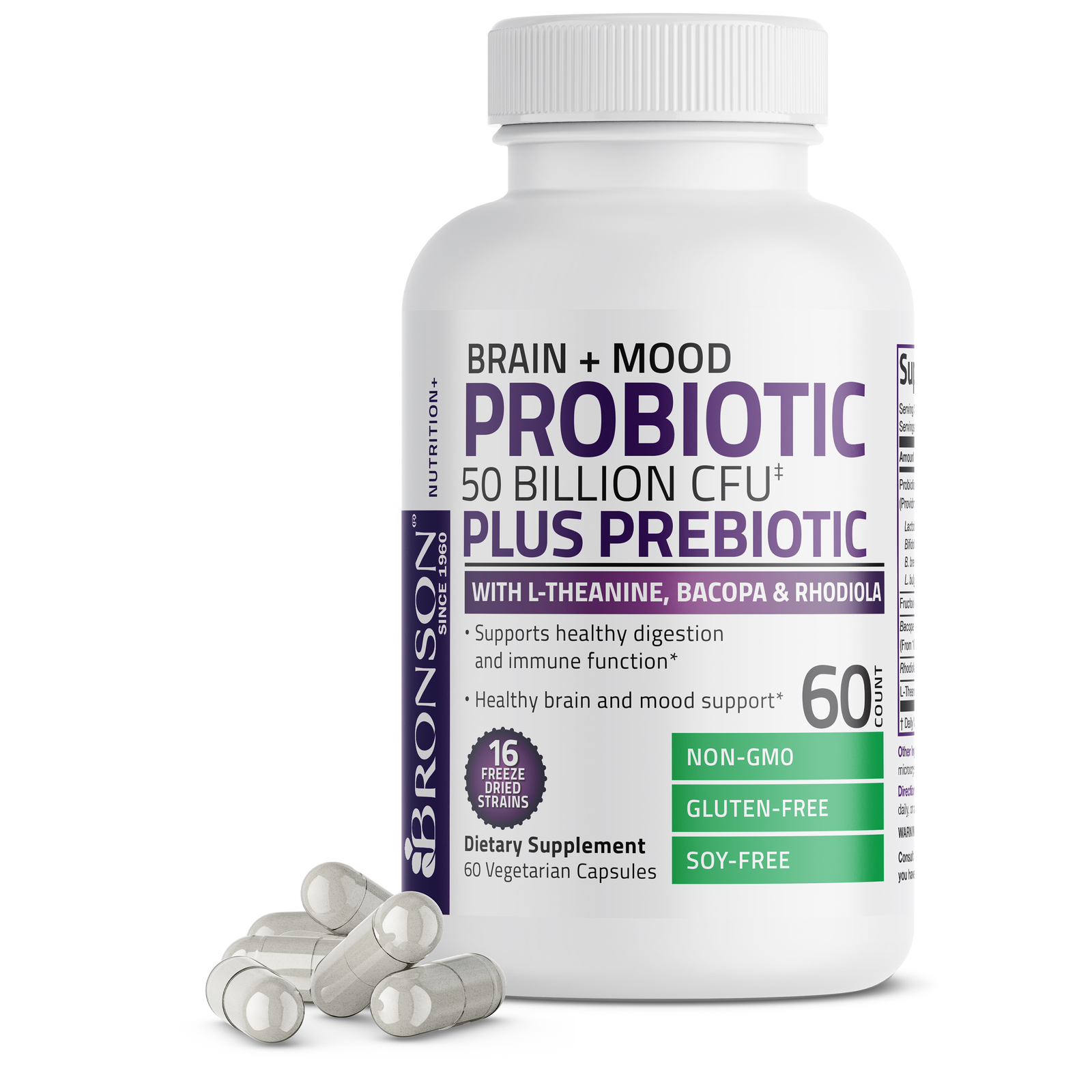 Bronson Brain + Mood Probiotic 50 Billion CFU Plus Prebiotic, 60 Veg Capsules