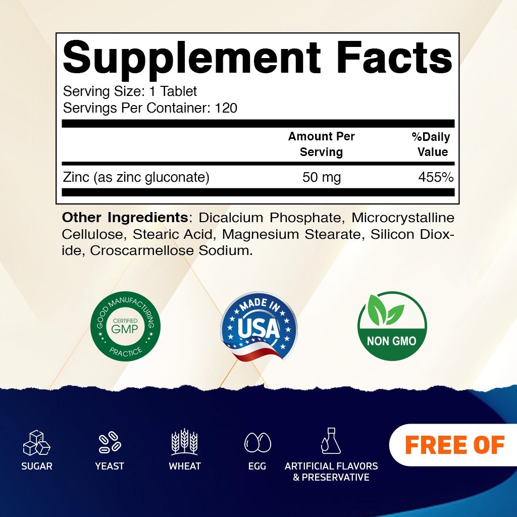 6 Pack – Vitamatic Zinc Supplement 50 mg Elemental (From Zinc Gluconate), 120 Ct
