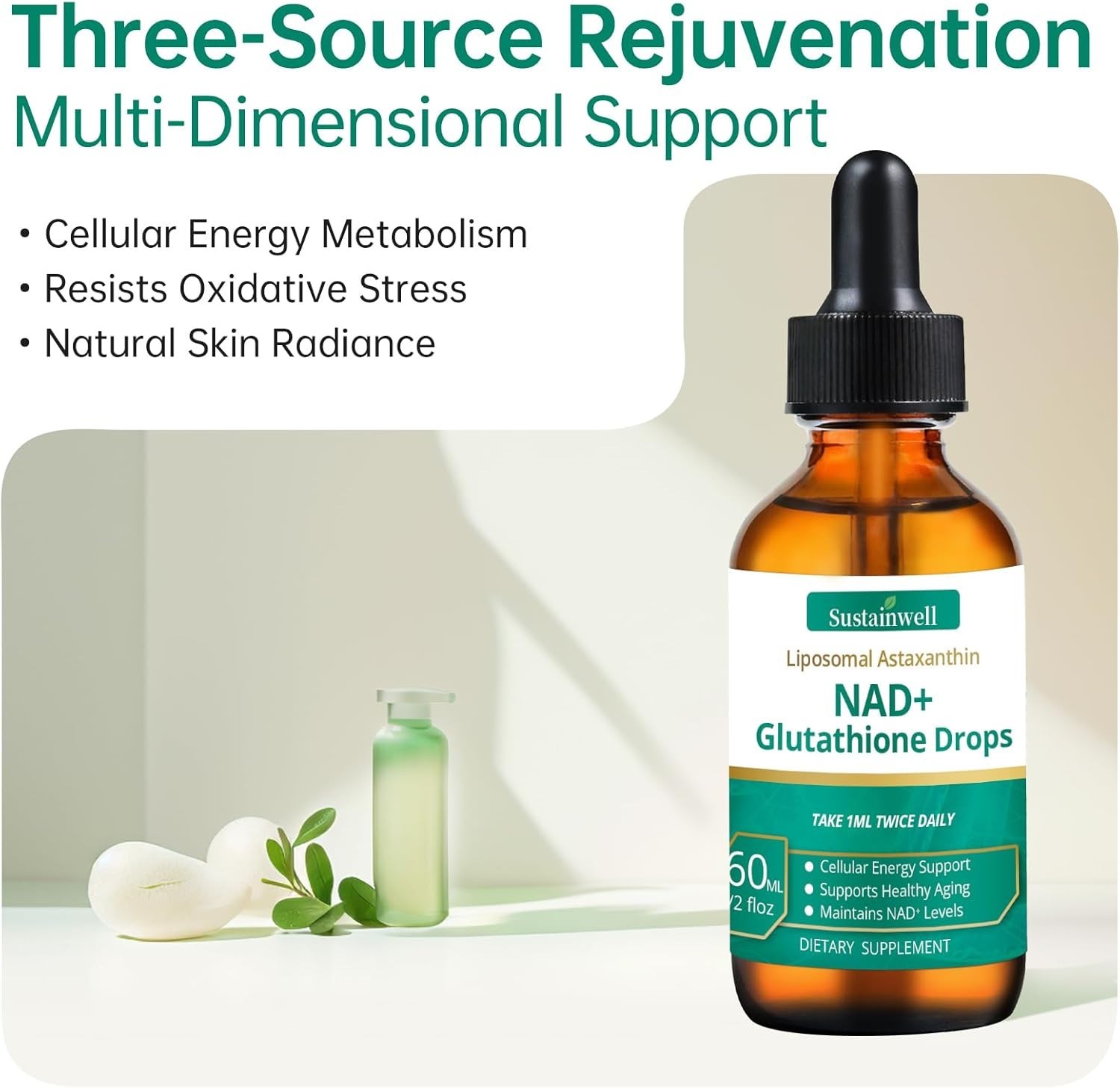 NAD+ Glutathione Liquid Drops with Astaxanthin – Citrus Flavor, 2.04 Fl Oz