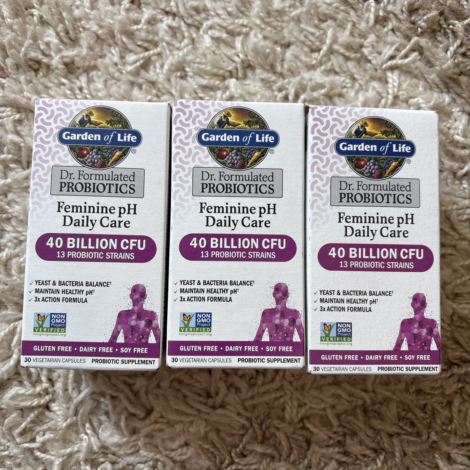 3x Garden of Life Feminine pH Daily Care 40 Billion CFU 30 Veg Caps 5/27+