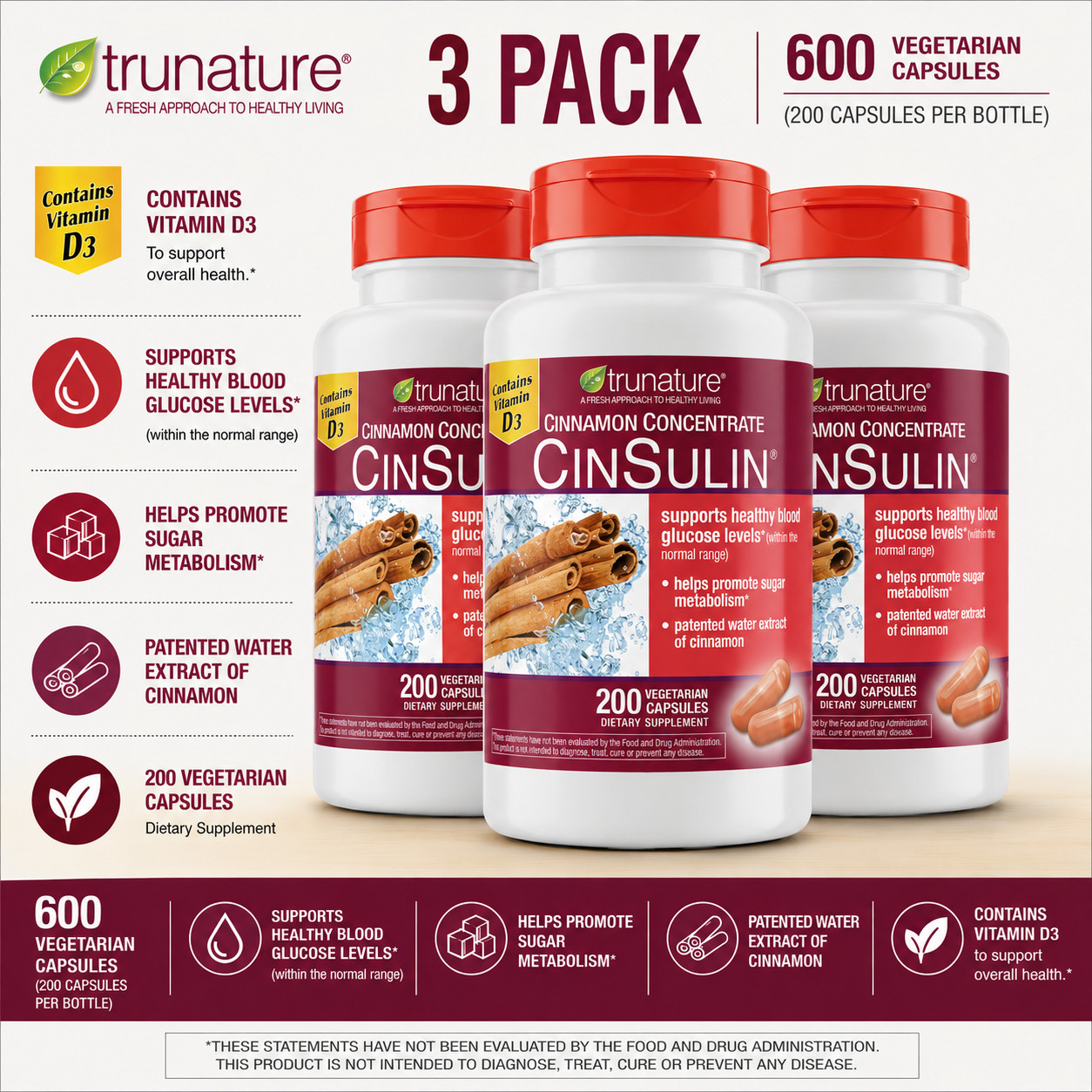 3-Pack Trunature Cinnamon Concentrate Cinsulin 500mg, 200 Vegetarian Capsules
