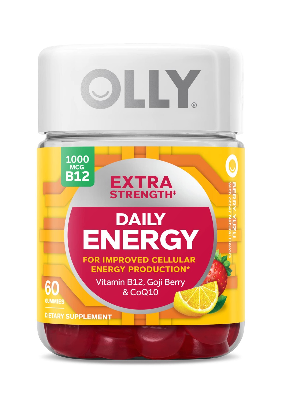 OLLY Extra Strength Daily Energy Gummy, Caffeine 60 Count (Pack of 1), Red
