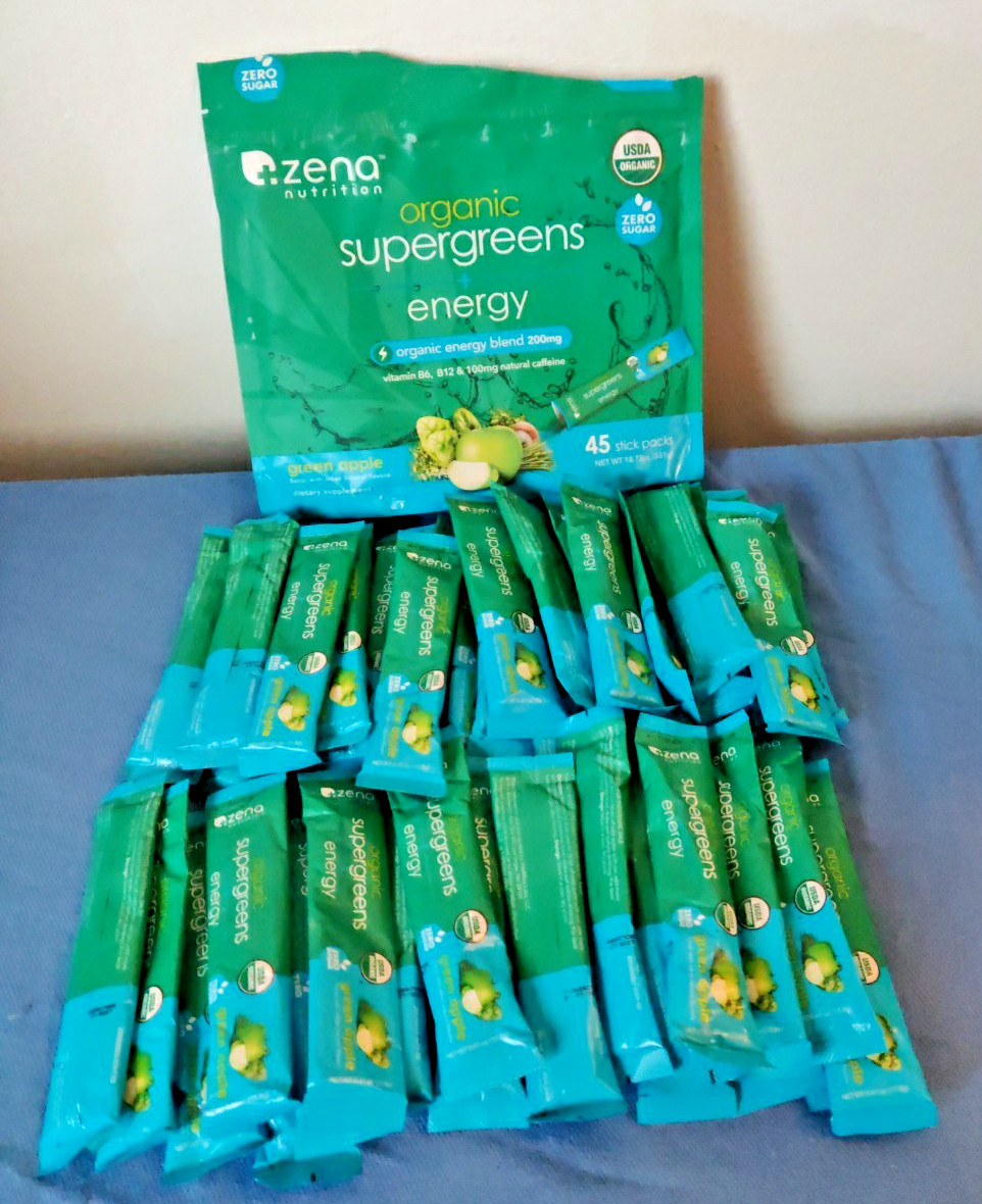 Zena Organic Supergreens Plus Energy Apple 45 Stick Exp: 7/2027 – Open Bag