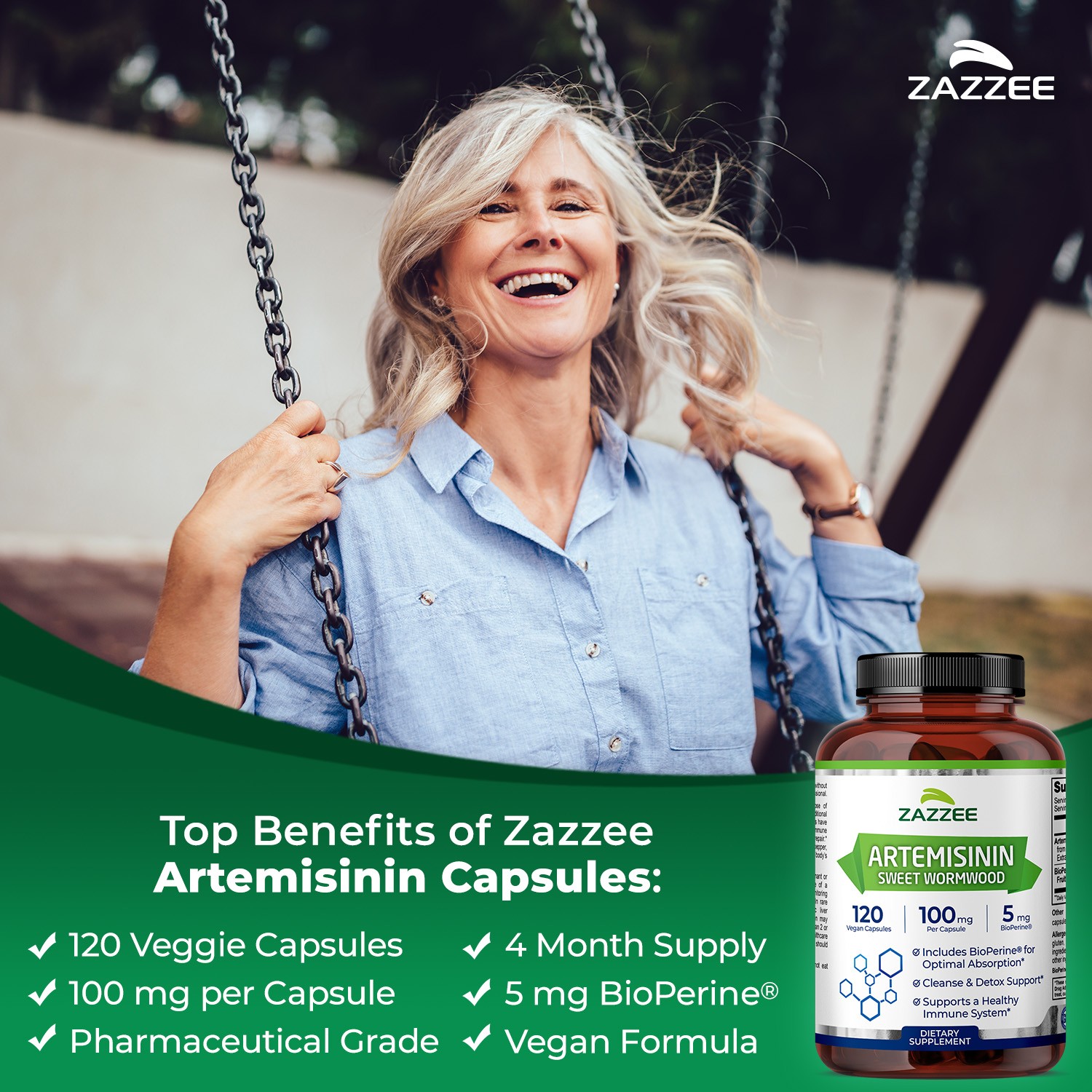 Artemisinin (Sweet Wormwood) 120 Veggie Capsules 100 mg Plus BioPerine 100% Pure
