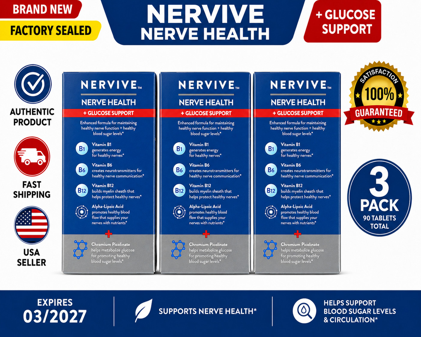 Nervive Nerve Health + Glucose Support 30 Tablets 3 Pack NEW Sealed EXP 03/2027