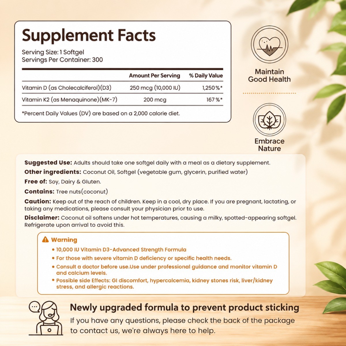 Vitamin D3 K2 Supplement, Coconut Oil for Bone & Immune Support