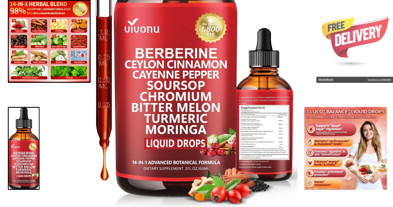 Convenient 14-in-1 Herbal Drops, 2 Fl Oz Berberine & Turmeric for Daily Vitality