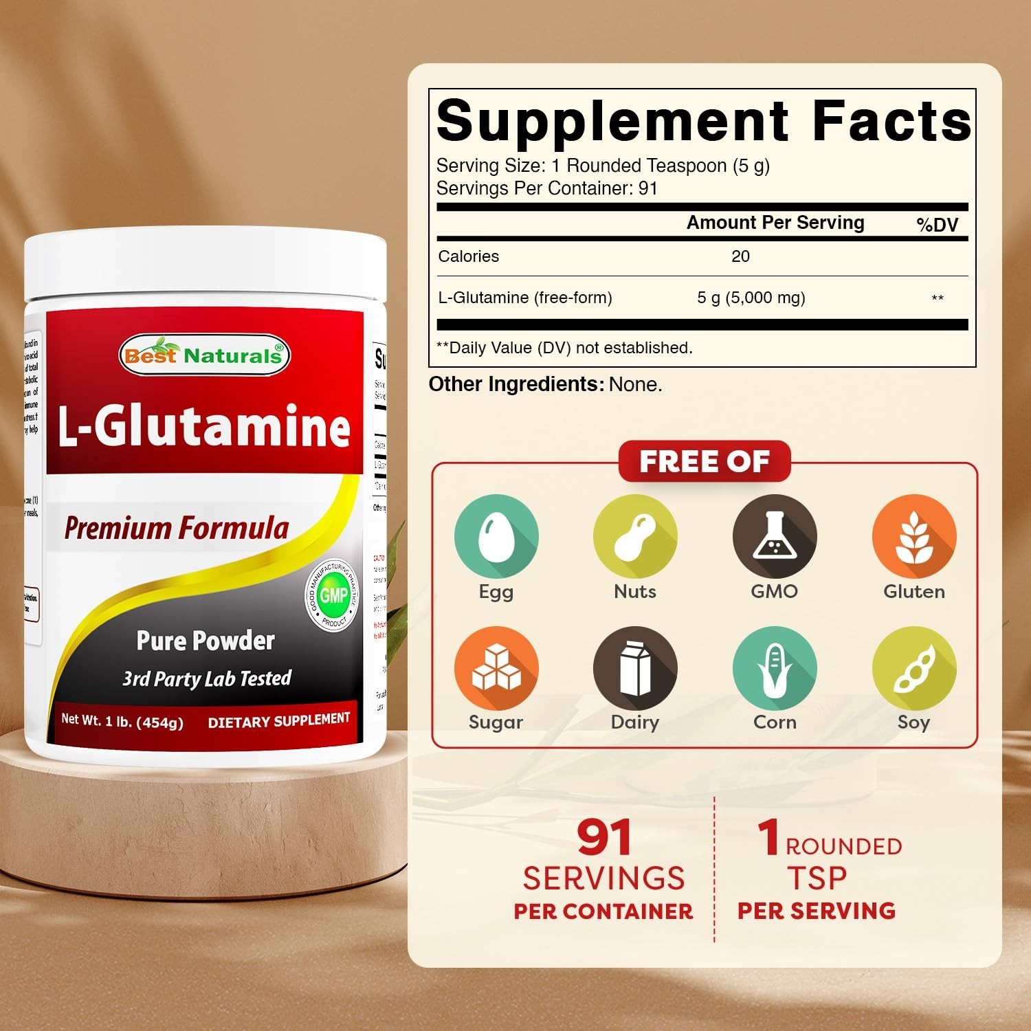 100% Pure L-Glutamine Powder 1lb – Free Form Amino Acid for Muscle Recovery