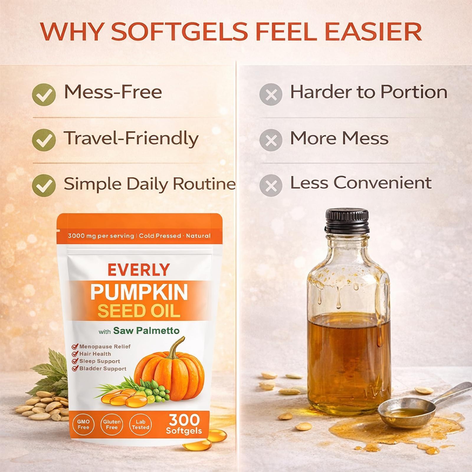 Everly Pumpkin Seed Oil with Saw Palmetto, 300 Softgels, Cold Pressed Pumpkin Se