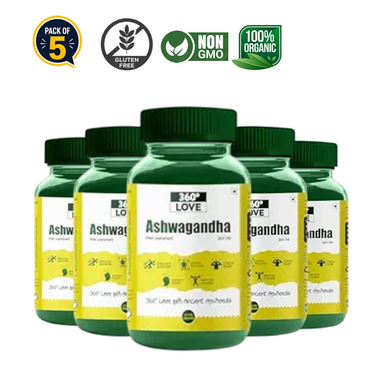 5 Pack 360 .Love Ashwagandha 1000mg 300 Capsules