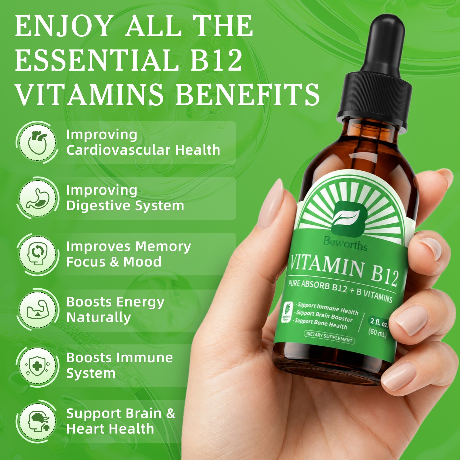 Vitamin B12, 10000 mcg, 3-in-1 Organic Liquid Vitamin B12, 60-Day Supply (60ml)