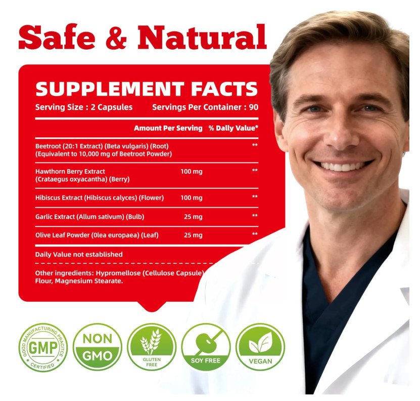 GlucoBio Beet Root Capsules Nitric Oxide Blood Pressure Support Heart 180 Count