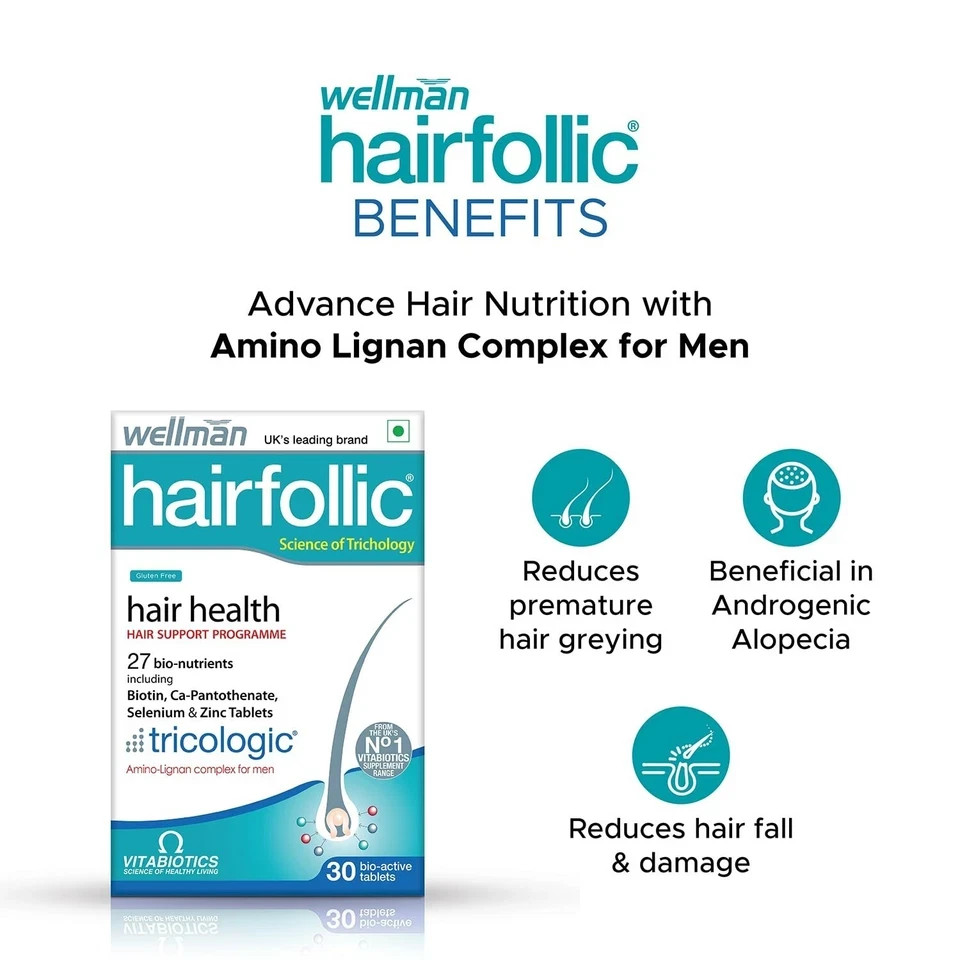 Wellman Hairfollic Hair supplements for Men with zinc selenium lignans 30Tab