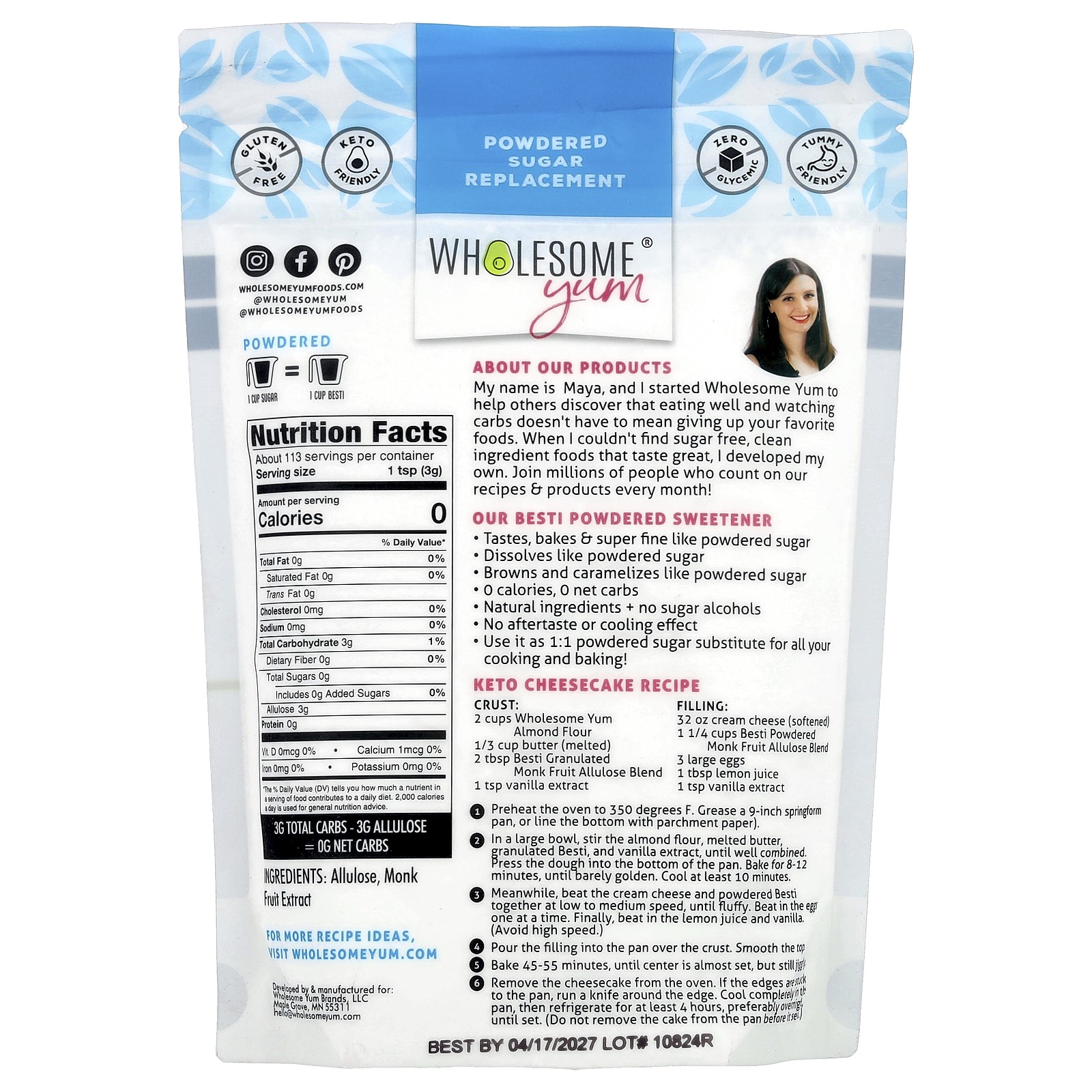 Besti, Powdered Sugar Replacement, Monk Fruit Allulose Blend, 12 oz (340 g)