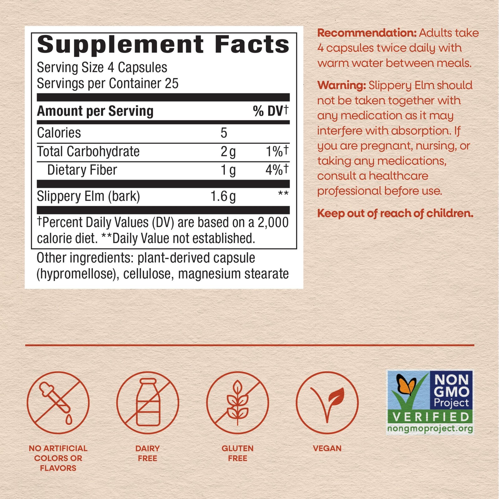 Nature’s Way Slippery Elm Bark Capsules, Traditional 100 Count (Pack of 1)