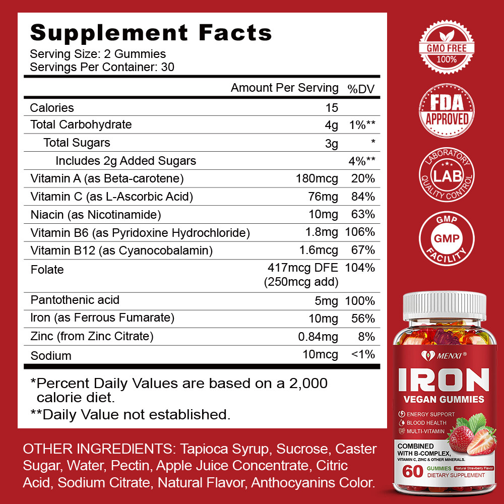 Iron Gummies – with Vitamin C – Energy and Immune Support Hemoglobin Production