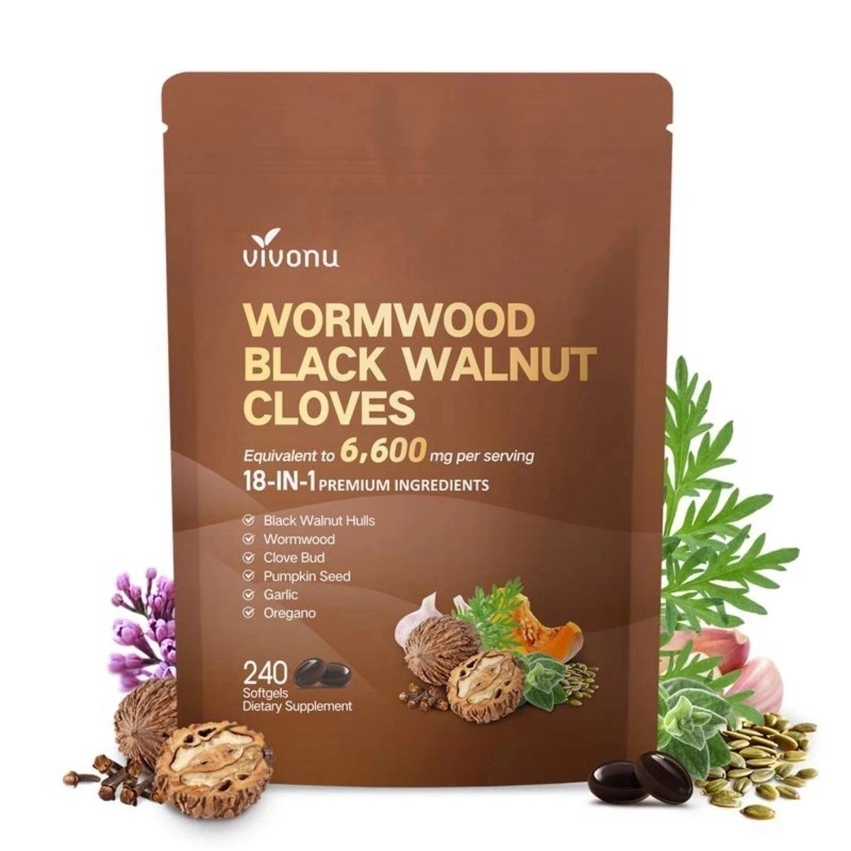 VivoNu Wormwood Black Walnut Cloves–Natural Cleanse & Metabolism, 240 Softgels