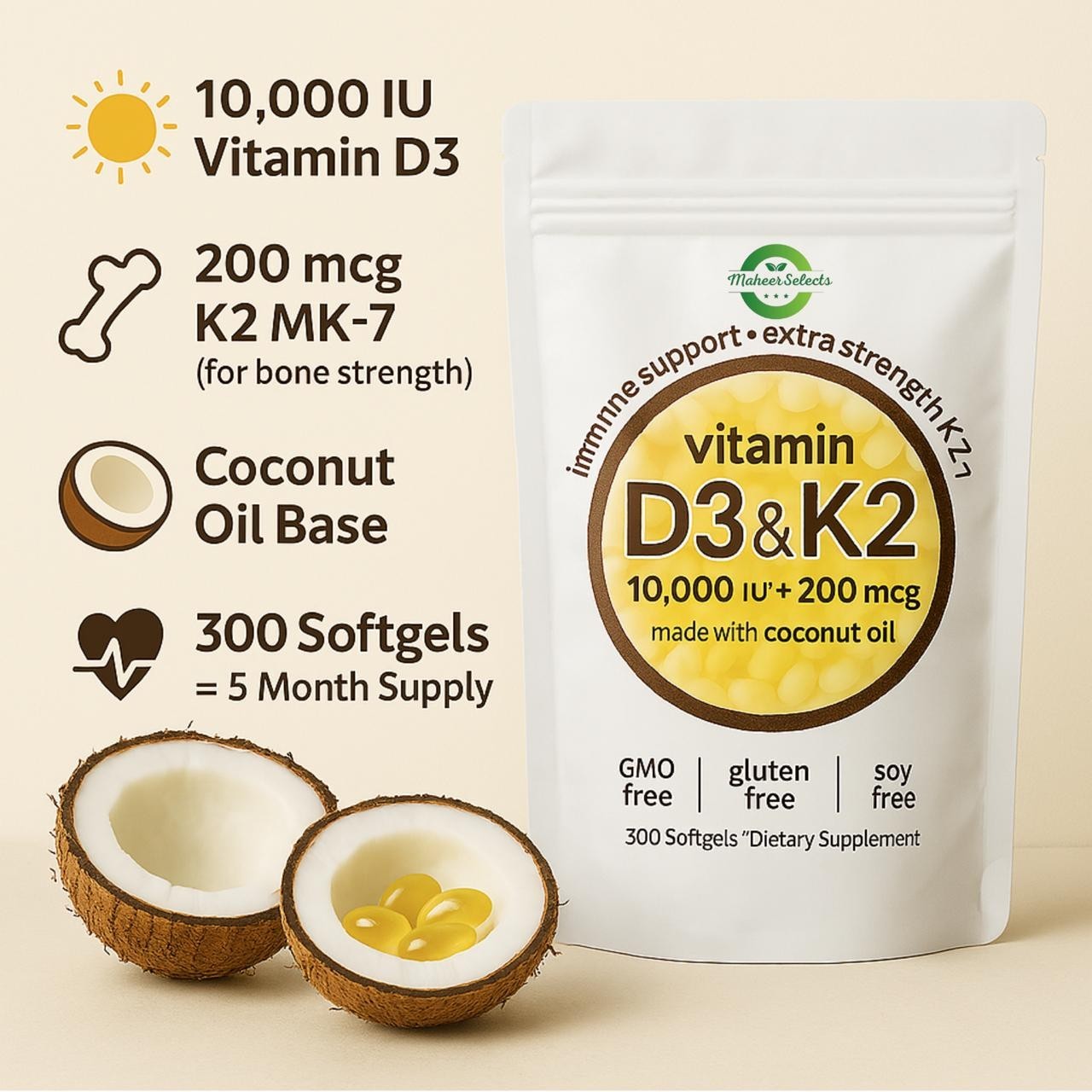 (Pack Of 3) Vitamin D3 10000 iu Plus K2 200 mcg, 300 Virgin Coconut Oil Softgels