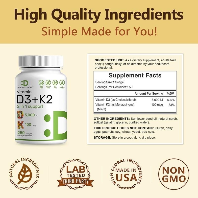2 Bottles D3 K2 Veggie Softgels Daily Bone Heart Immune Vegan Wellness Support