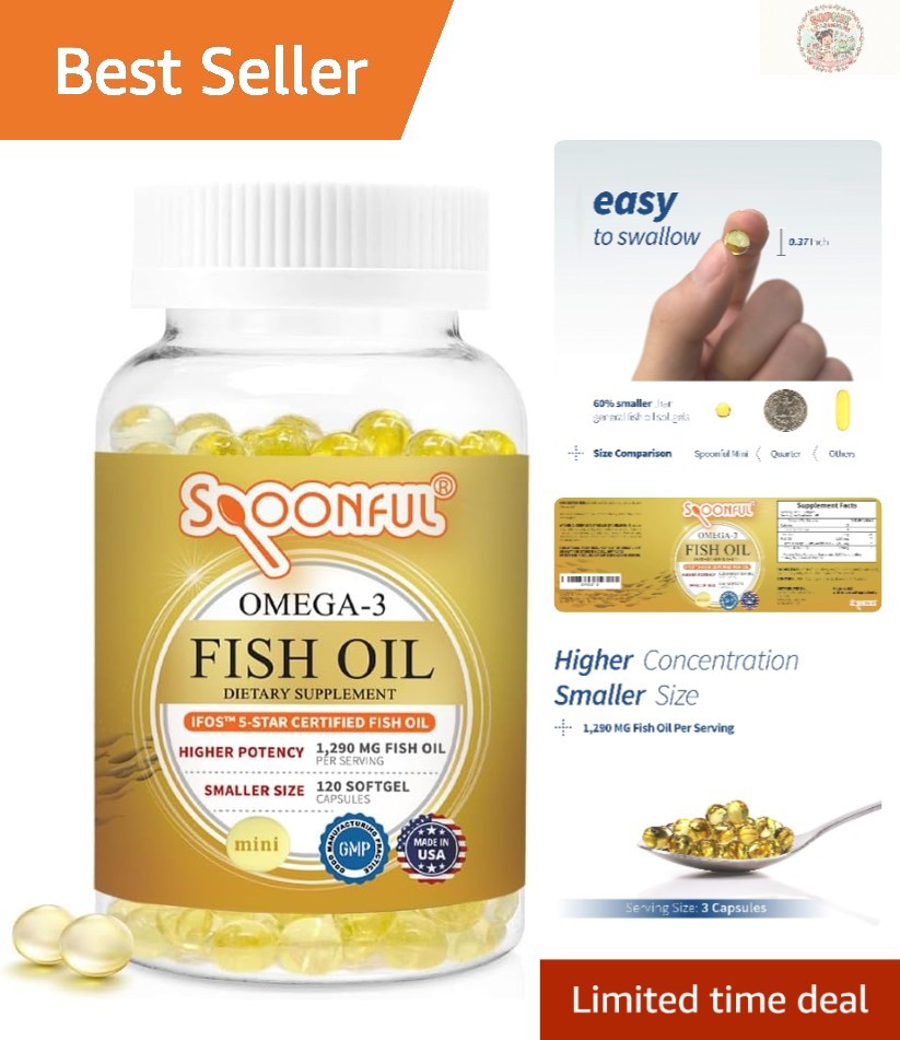 Easy-to-Swallow iFOS Certified Mini Omega 3 Fish Oil, 120 Softgels for Wellness