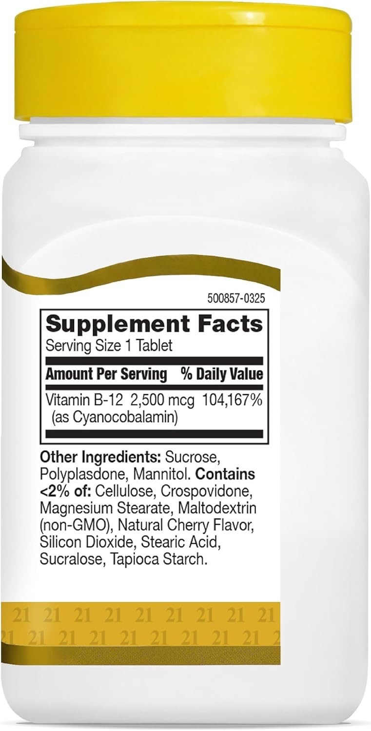 Energy-Boosting B-12 Cherry Tablets 110 Count – 2500 mcg Quick Dissolve Formula