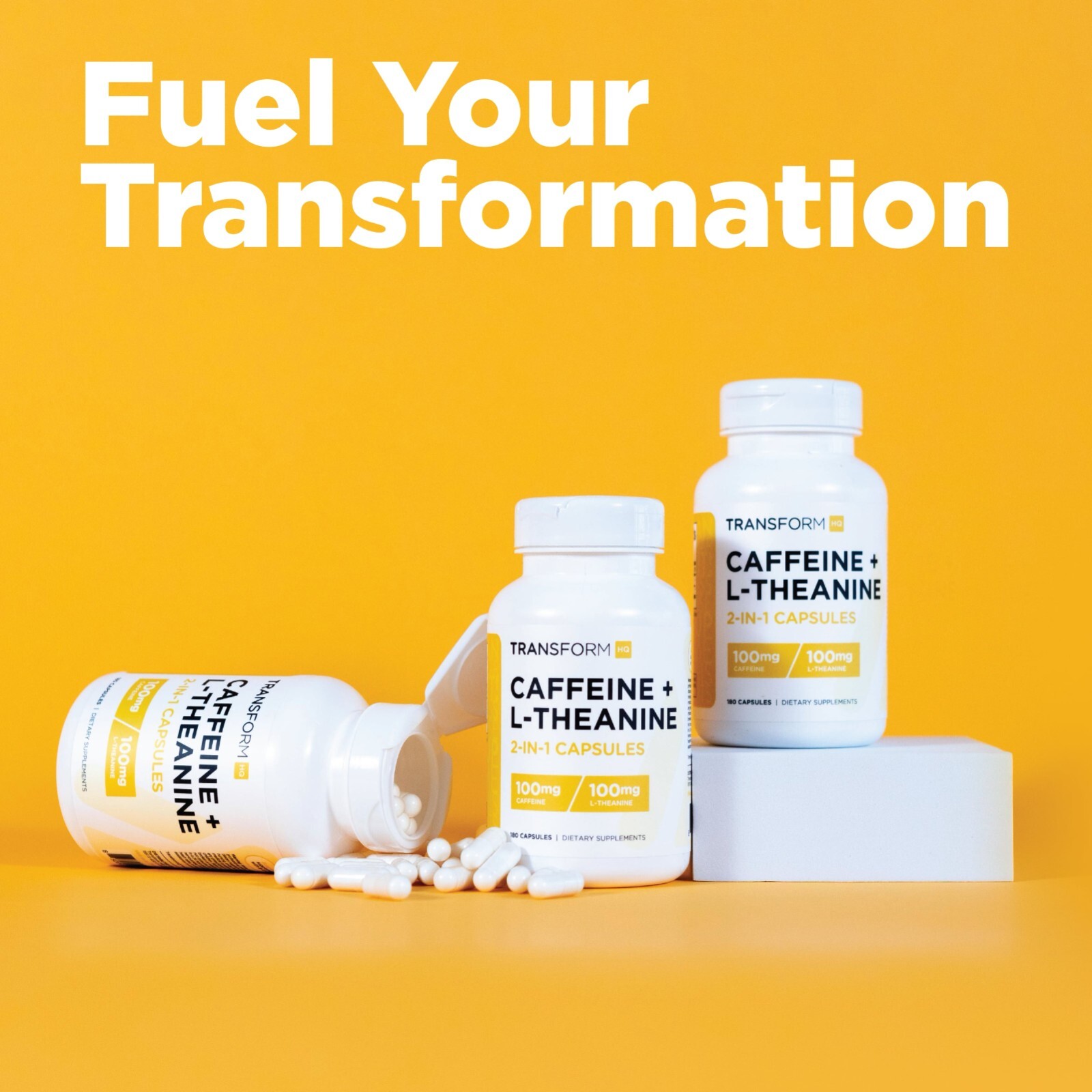 TransformHQ Caffeine & L-Theanine (100mg Each) 180 Caps – Gluten Free, Non-GMO