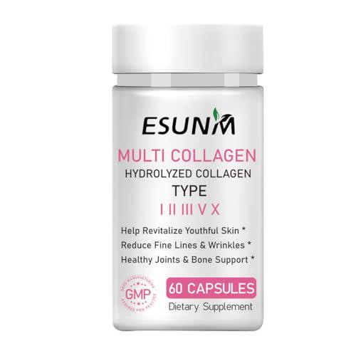 ESUNM Multi Collagen Capsules for Women and Men – Type I, II, III, V, X – with C