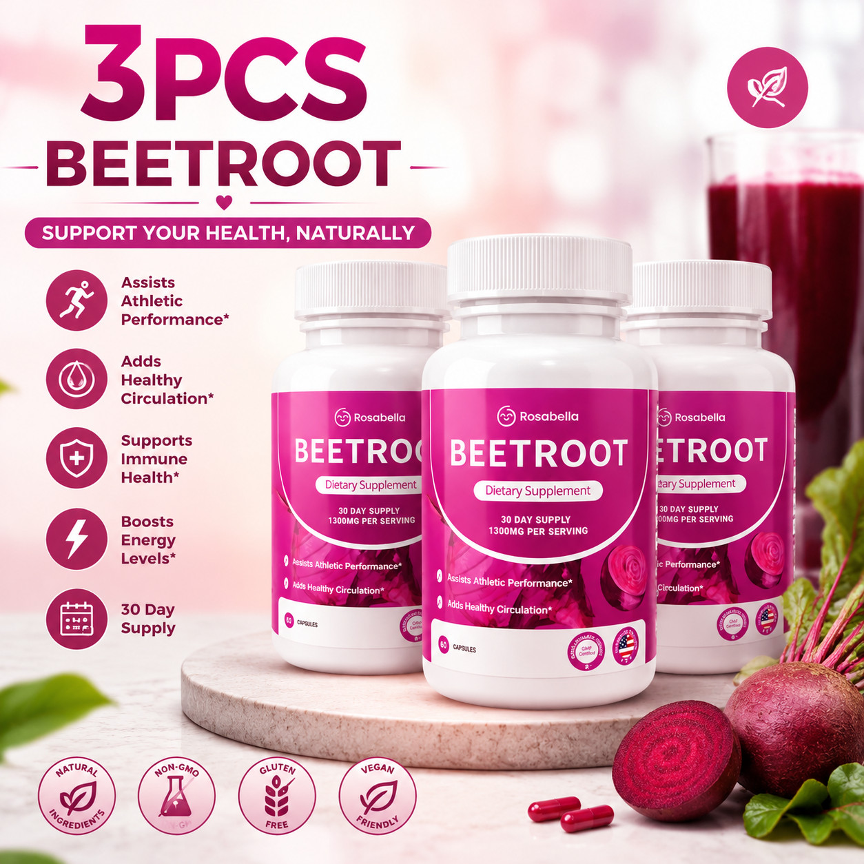 3 Pack of Rosabella Organic Beetroot Capsules for Blood Flow & Heart Health