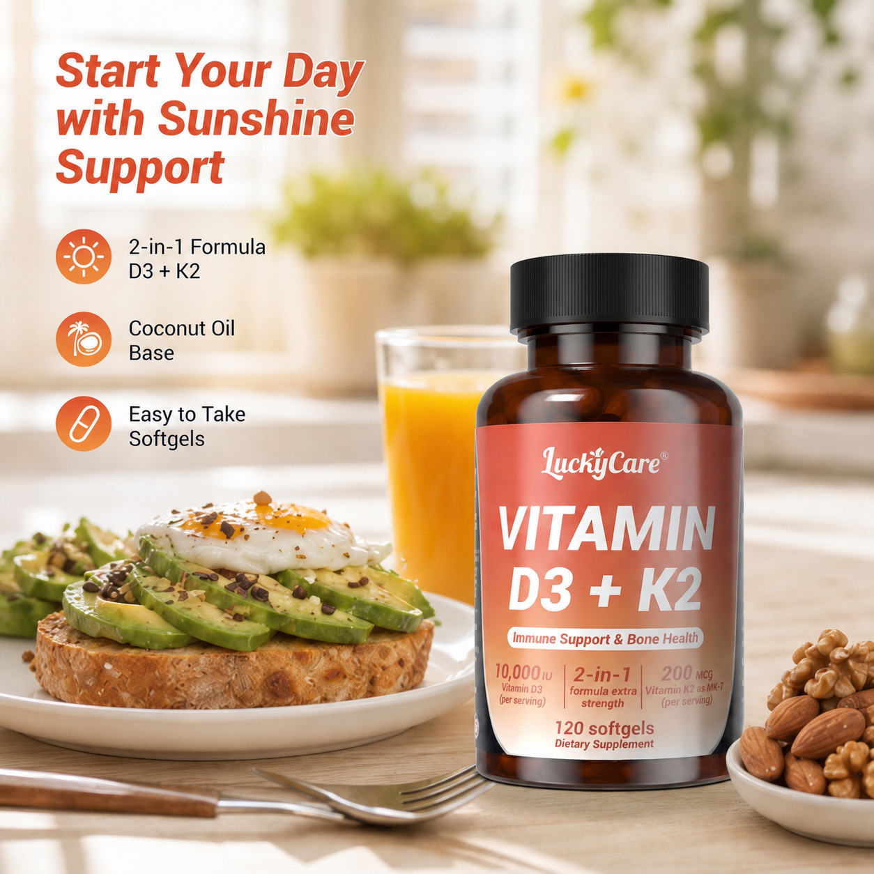 Vitamin D3 K2 10000 iu with Coconut Oil, VIT d3 and k2 Supplements, 120 Gel Caps