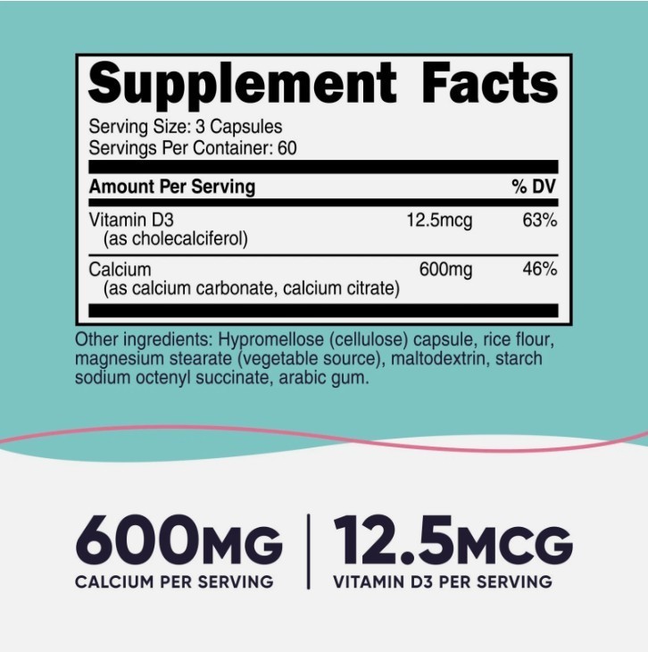 Nutricost Calcium (600mg) + Vitamin D3 (12.5mcg) for Women, 180 Capsules – Vegan