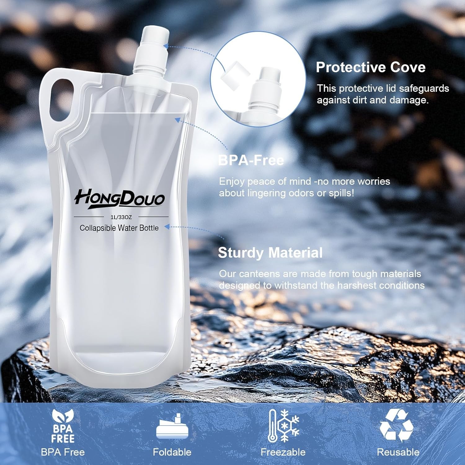 2 Pack Collapsible Water Bottles 1L Hiking Water Flasks 2L Total 33oz BPA-Free