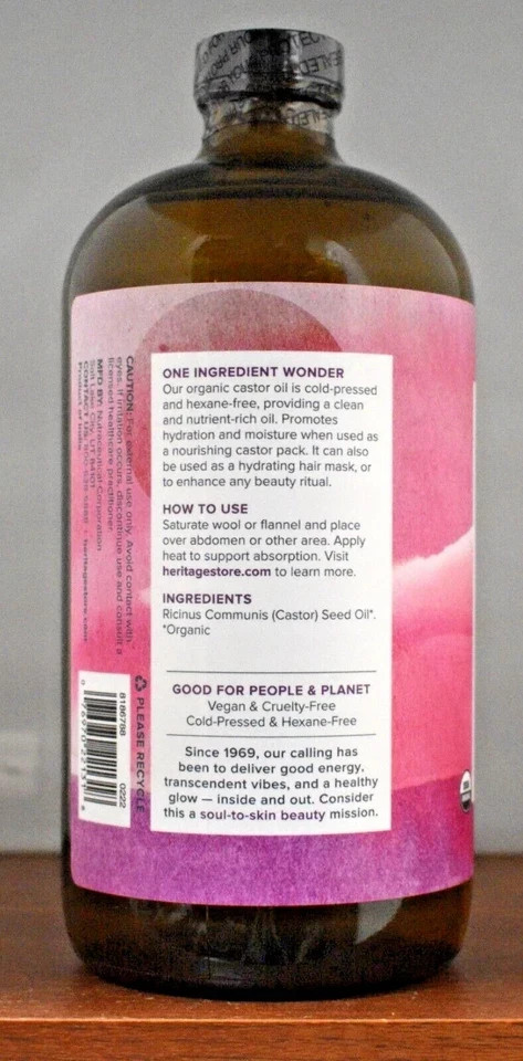 Heritage Store Organic Castor Oil – 32 fl oz (946 ml) – Glass Bottle – Pack of 2