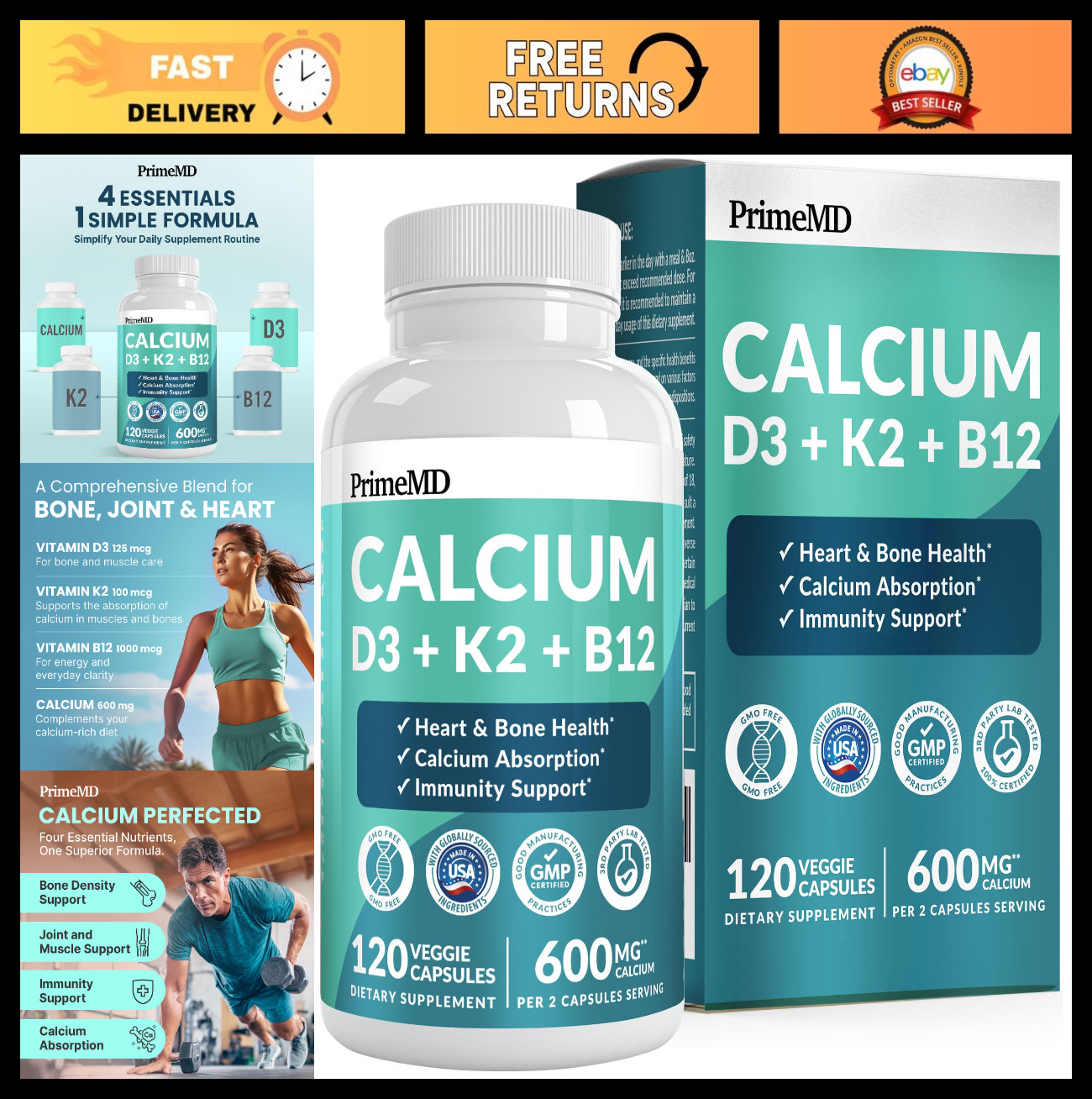 4-in-1 Calcium Citrate Supplement with D3 & K2 – Vegan, Gluten-Free, 120 Capsule