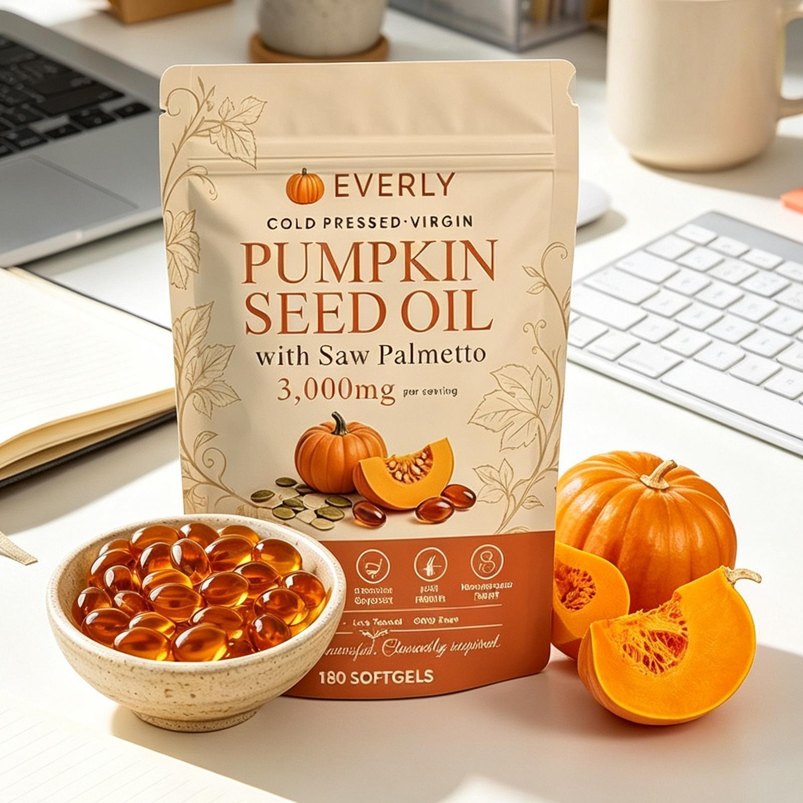 Everly Pumpkin Seed Oil with Saw Palme tto, 180 Softgels, Cold Pressed Pumpkin