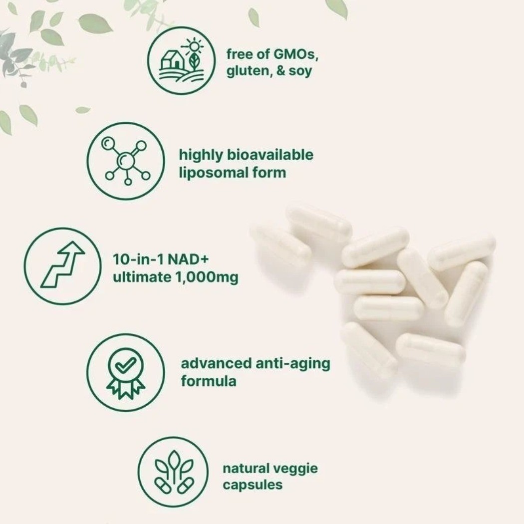 1 – 3 Bottles Liposomal NAD+ 10 in 1 1000mg with Resveratrol 60 Veggie Capsules