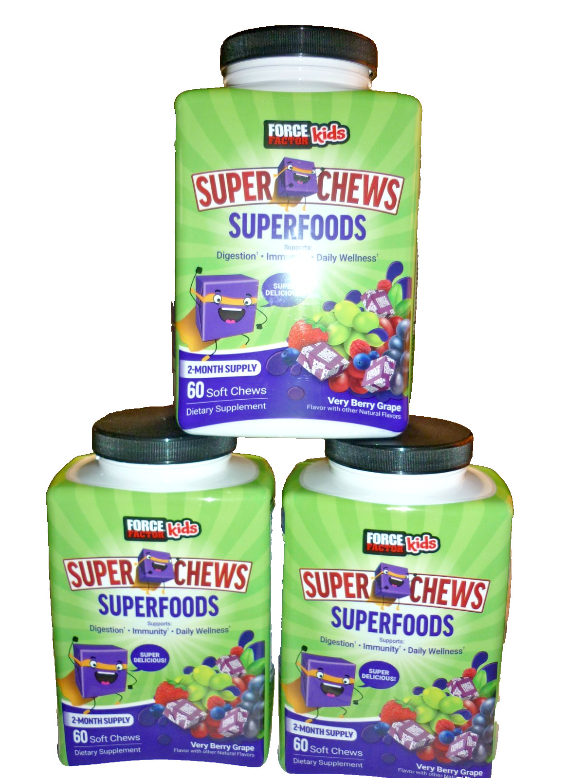 (3 Force Factor Kids Super Chews Superfoods 60×3 180 Chews Each EXP: 5/26
