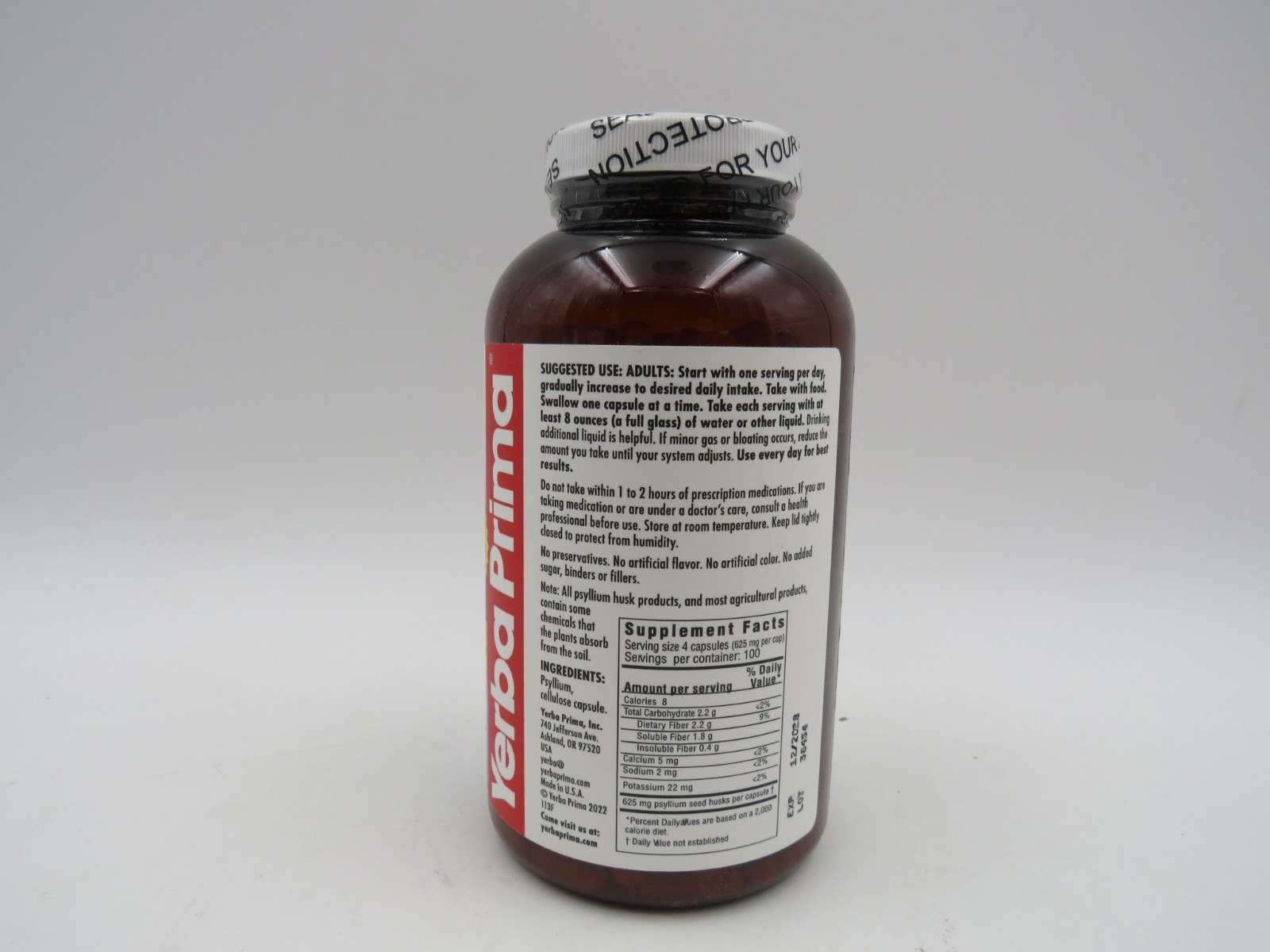 Yerba Prima Psyllium Husks Caps 625 mg 400 Capsules Gluten-Free EXP 12/2028