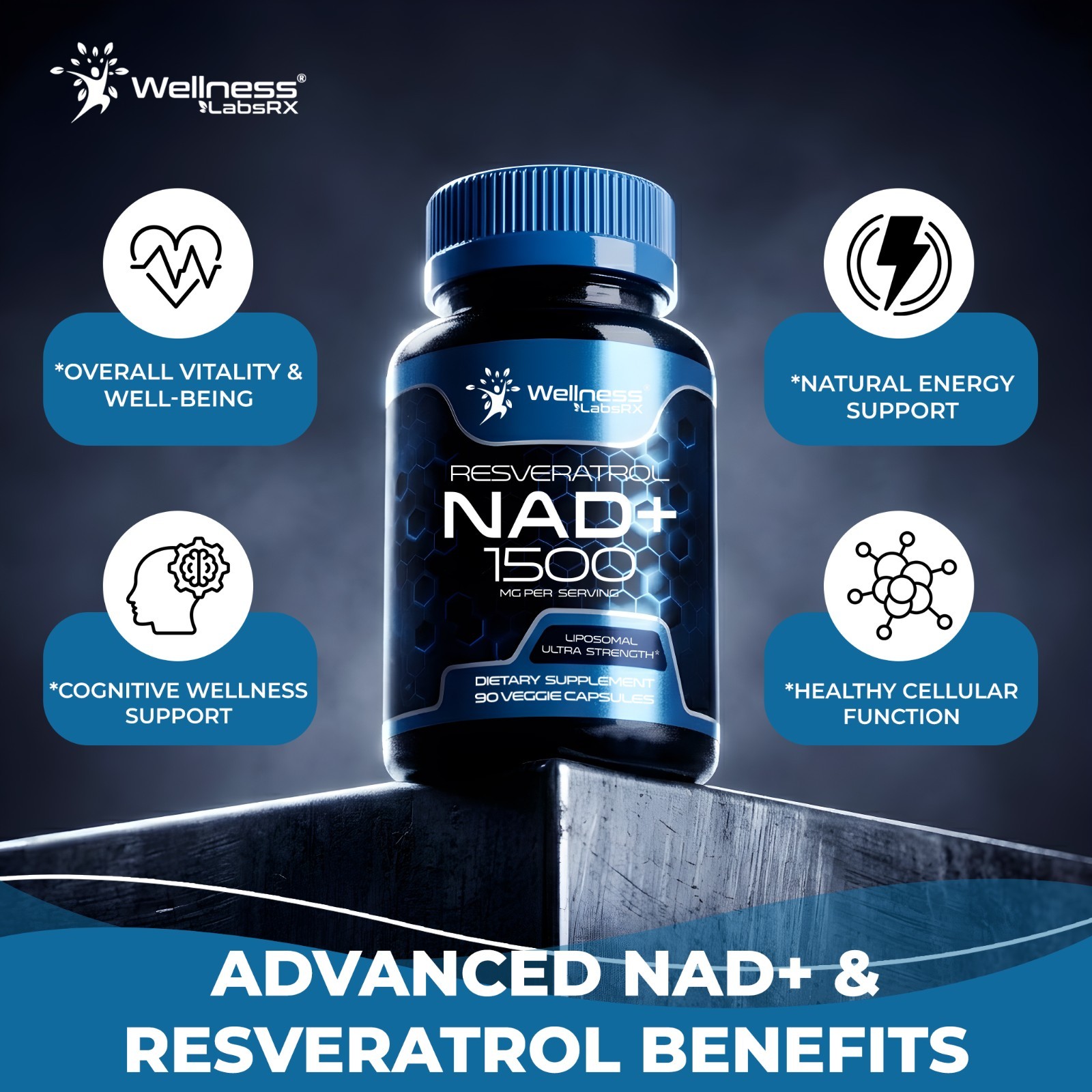 NAD+ Supplement 1500mg with Resveratrol | Cellular Health & Energy | 90 Caps