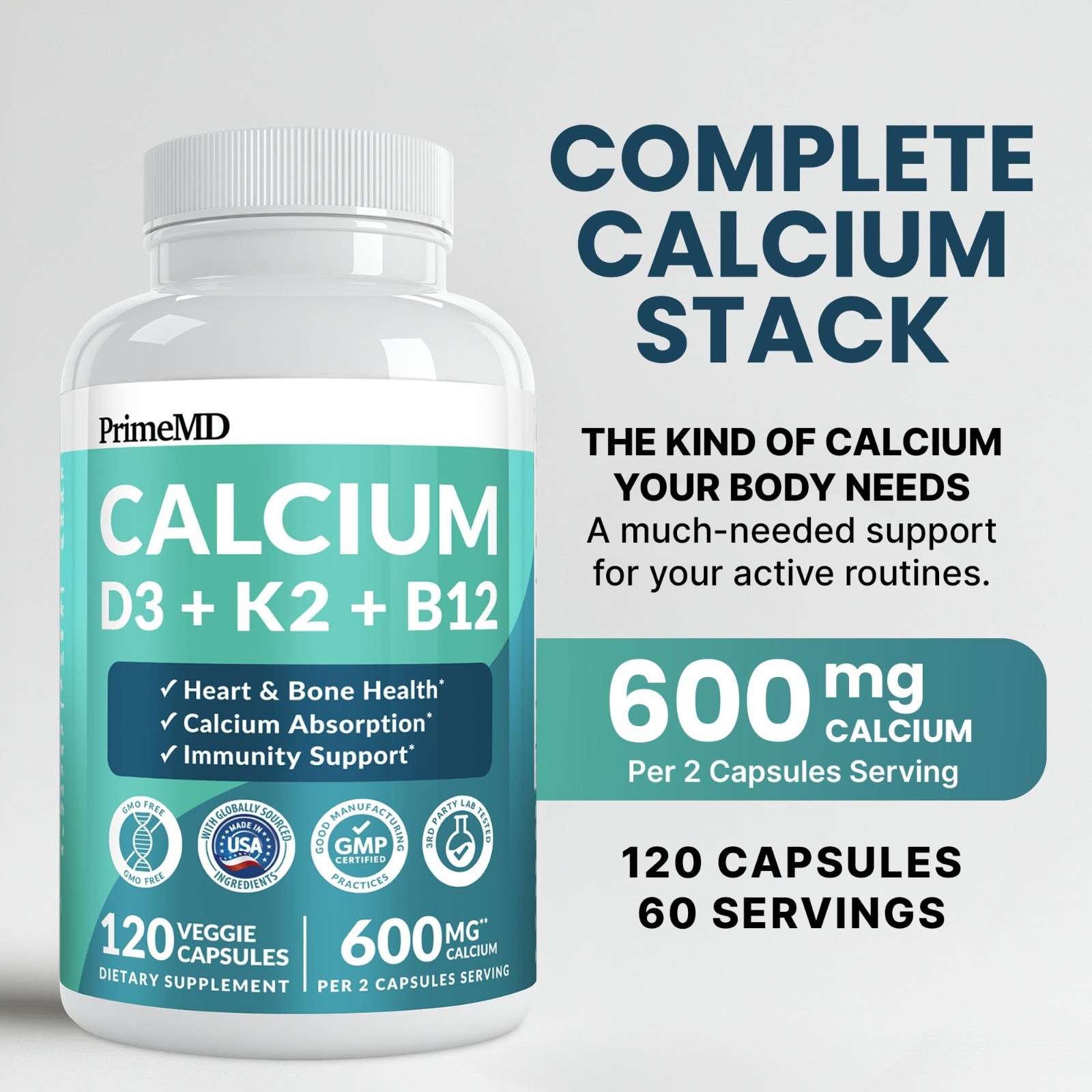 4-in-1 Calcium Citrate Supplement with D3 & K2 – Vegan, Gluten-Free, 120 Capsule