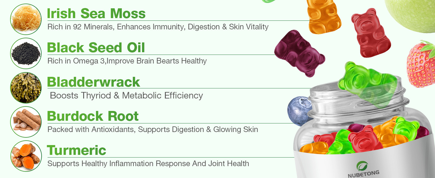 Sea Moss 6000mg Gummies with Bladderwrack and Burdock Root Natural Irish, 60 CT